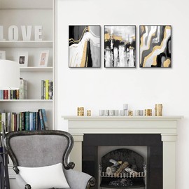 EUROPICART Living Room Abstract Wall Art, Black and White Decor Matte Gray With Gold Canvas Photo Frame Artwork for Modern Home Walls Décor,Wall Frames Set of 3 (Black Frame)