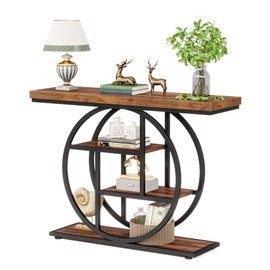 LITTLE TREE 4 Tiers Console Table, 41.3" Sofa Table with Circle Base, Narrow Wood Entryway Entrance Table, Accent Foyer Table with Storage Shelves for Living Room, Hallway
