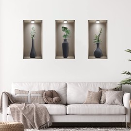 3D Wall Stickers Living Room, TOARTI 3D Wall Art Stickers, Realistic 3D Window View Scenery Wall Sticker, Vase Wall Decal, Plant Wall Stickers for Bedrooms Bathroom Kitchen Wall Decor(Set of 3,8”X16”)