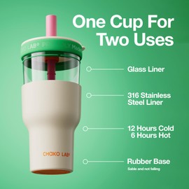 CHAKO LAB Insulated Stainless Steel Water Bottle | Dual-layer tumbler with Glass Linner and Stainsteel Linner | BPA-Free Leak Proof Thermos | 20oz Bottle with Two Straw | White and Green