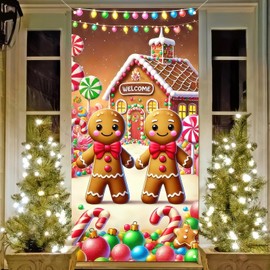 Joyful Gingerbread House Door Cover Christmas Gingerbread Door Banner Indoor Outdoor Christmas Decorations 71×35 Inches
