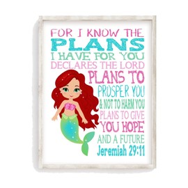 Ariel Mermaid Christian Princess Nursery Decor Unframed Print - For I Know The Plans I Have For You - Jeremiah 29:11