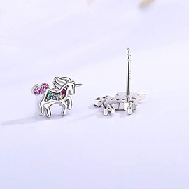 Kaguyo silver earrings for women, 925 Sterling Silver Amethyst pink multi Zirconia unicorn stud earrings For Women Girls, birthday Gift (multi)