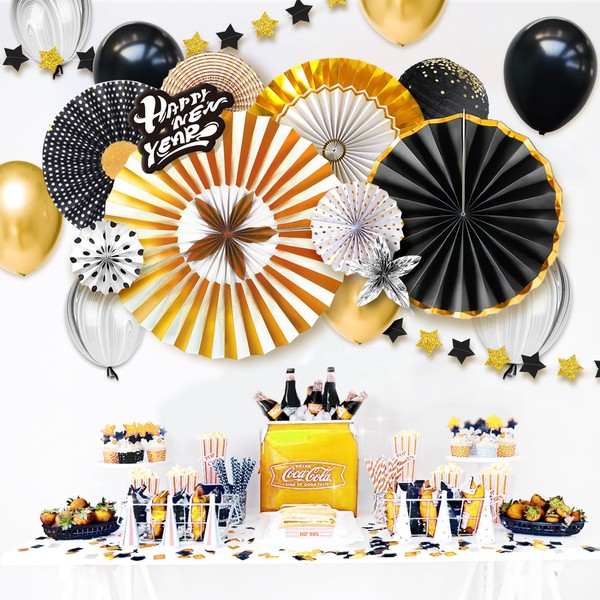 Nicrohome 2024 New Year's Eve Party Decoration, Happy New Year Black and Golden New Year Party Decorations, Happy New Year Balloons Paper Fan Banner Garland Lanterns Decorations