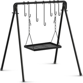 Rossesay Campfire Swing Grill Stand Adjustable Grill Campfire Cooking Stand Hanging Grill Rack with 8 Hooks and Accessories Campfire Cooking Equipment for BBQ Picnic Outdoor Cookware Party