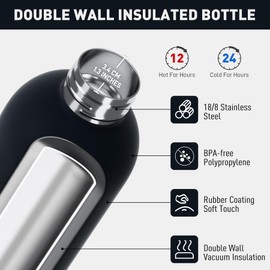Exllena Insulated Water Bottles 1.5l with Handle Lid and Carabiner, Double Wall Vacuum Drinks Bottle Keeps Drinks Cold 24 Hrs/Hot 12 Hrs, Stainless Steel Water Bottle BPA Free(Lichen Green)