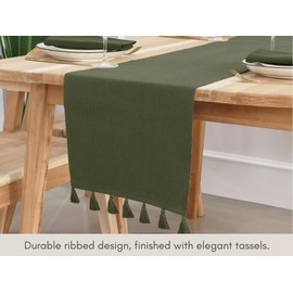 PurpleEssences Solid Ribbed Woven Table Runner Spring Summer Easter Farmhouse Dining Room 14 x 90 Inch - Olive Green