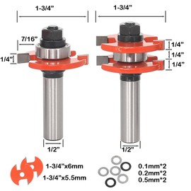 Sinoprotools Adjustable Tongue and Groove Router Bit Set 1/2" Shank,2 Teeth T Shape Jointing Router Bits,with 2Pcs Changeable Groove Cutter & 6Pcs Shims,Wood Milling Cutter