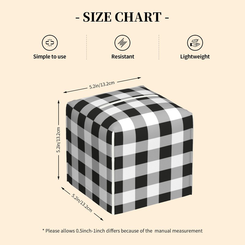 Tissue Box Cover Square, Black Grey White Buffalo Plaid Checkered