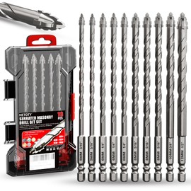 Upgraded Masonry Drill Bit Set 6''(152mm) Length,Serrated Concrete Drill bit Set - (3/16"-1/2") 10-Piece Professional Carbide Drill Bits for Concrete, Tile, Brick, Glass, Ceramic, Wood, and Plastic