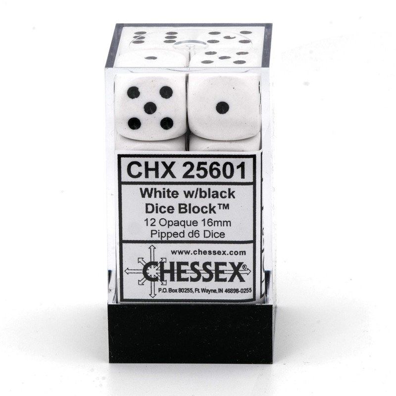 Chessex CHX25601 Dice-Opaque: 12D6 White/Black Set, One Size, Multicolor