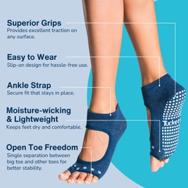 Tucketts Allegro Toeless Non-slip Grip Socks - Cotton Socks for Yoga, Barre, Pilates, Dance, Ballet - Size 5-13, Turquoise, Large/X-Large