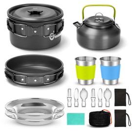 Odoland Camping Crockery Set 15-Piece Camping Cooking Set Pots with 0.8 L Camping Kettle Camping Cutlery and Cup Lightweight Aluminium Camping Pots Set Foldable Cookware for Outdoor Cooking