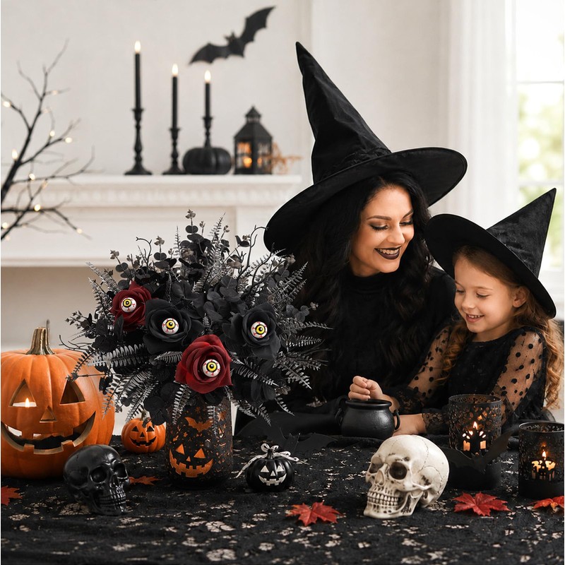 Halloween Artificial Plants with Rose Bouquet, Faux Eucalyptus Branches