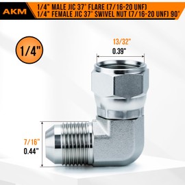 90° Elbow Straight Hydraulic Hose Adapter Fittings, 6500-04-04 1/4" Male JIC (7/16"-20 thread) x 1/4" Female JIC (7/16"-20 thread) Swivel Connectors x 5 pack