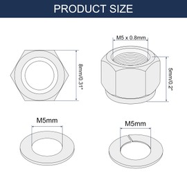 sourcing map 150Pcs M5 x 0.8 Nylon Insert Hex Lock Nut Kit, 304 Stainless Steel Lock Nuts with Flat Washers and Spring Washers Self Tight Hex Lock Nuts, Silver&Blue