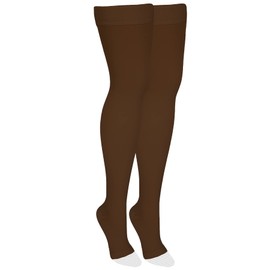 NuVein Medical Compression Stockings, 20-30 mmHg Support, Women & Men Thigh Length Hose, Open Toe, Brown, Large