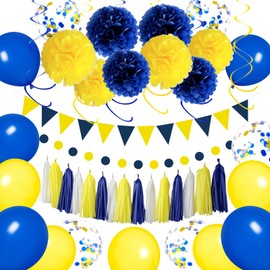 Blue and Yellow Party Decoration Set – 8 Paper Pom Poms, 15 Tassels, 1 Bunting, 1 Garland, 6 Spirals, 15 Latex Balloons – Complete Party Decor for Birthday, Graduation,Baby Shower, and Celebrations