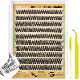 Yaiseiko Self Adhesive Cluster Lashes Wispy Natural Eyelash Extensions Kit with Tweezers No Glue Needed Individual Lashes 10-16MM C Curl Pre Glued Reusable Lash Clusters(Clear Band)