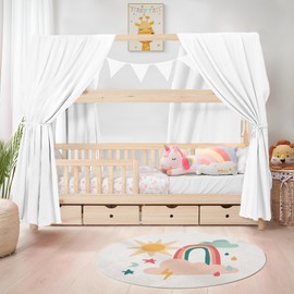 iLuane House Bed Canopy Decoration - 3 Pieces Bed Canopy House Bed Set, 100% Cotton Muslin Curtain - House Bed Decoration for Girls and Boys - Fabric Canopy House Bed for 90 x 200 cm and 120 x 200 cm