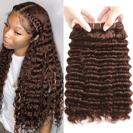 LUXEDIVA Deep Wave Human Hair Bundles 14 16 18 18 Inch 100% Unprocessed Raw 4 Bundles Brazilian Curly Human Hair Brown Color Human hair for Women