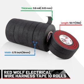 RED WOLF 10 Rolls 3/4 Inch x 50 FT Wiring Harness Tape High Temp Flame Retardant Wire Cable Self-Adhesive Fabric Tape for Electrical Automotive Harness Wrap Protection Noise Damping Cables Fixed