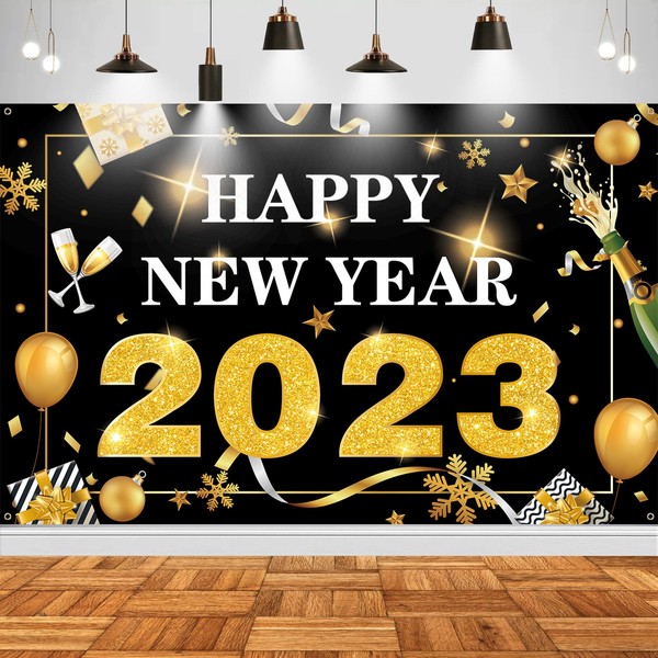 KEPMOV Large Happy New Year Backdrop 2023, Happy New Year Banner Black and Gold New Years Eve Banner Happy New Year Decorations 2023 New Year Backdrop for Photography Outdoor Indoor, 72.8 x 43.3 Inch