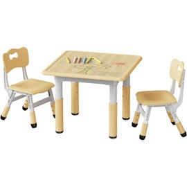 Brelley Kids Table and 2 Chairs Set, Height Adjustable Toddler Table and Chair Set, Graffiti Desktop, Classroom/Daycare/Home, Children Multi-Activity Table for Ages 2-8