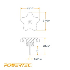 POWERTEC QNB3007 5-Star Stud Knob, 5/16"-18, 5PK