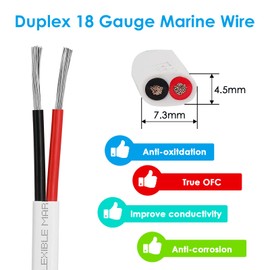 Kimbluth 18 Gauge Duplex Marine Wire Tinned Copper Boat Cable, 30ft 18 AWG Standard USA OFC Oxygen Free Copper Wire for Automotive Boat Speakers Solar Outdoors