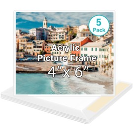 Wbtran 4x6 Acrylic Picture Frame, Clear Frameless Photo Frame for Wall Mount, No Drilling Picture Frames with Tape, Pack of 5 Floating Hanging Picture Frames for Home, School, Office