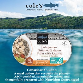 COLE’S - Patagonian Smoked Salmon Fillet with Quinoa| Ready to Eat Meal | 5.6 oz Hand-Packed Canned Fish | 19g Protein | High in Vitamin D | 1 Unit