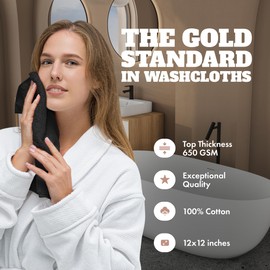 White Classic Wealuxe Black Washcloths for Body and Face Towel, Cotton Wash Cloths Bulk 24 Pack, Flannel Spa Fingertip Wash Clothes 12x12 Inch, Soft Absorbent Gym Towels