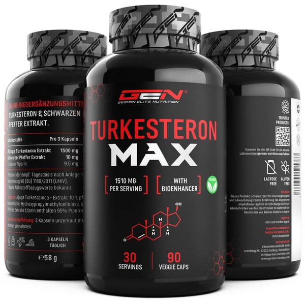 Turkesterone Max - 90 Capsules - Extra High Dose with 1510 mg per Daily Serving - With Bioenhancer - No Unwanted Additives - Vegan