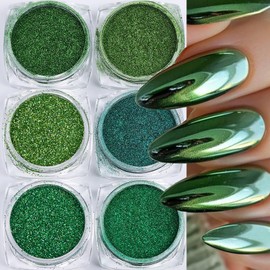6Grids Chrome Nail Powder Green Nail Art Glitter Laser Holographic Nail Chrome Powder Metallic Effect Chrome Powder for Women Nail Art Manicure Decoration