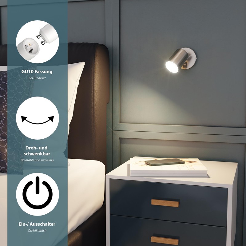 ledscom.de Wall Spotlight WAIKA Switch Chrome matt + LED lamp