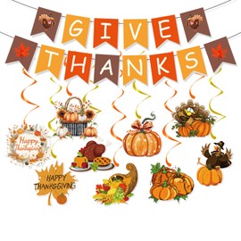 Thanksgiving Decorations Set - Give Thanks Banner with Hanging Swirls, Autumn Pumpkin Maple Leaves Hanging Garland for for Home, Office, Classroom Fall Decor