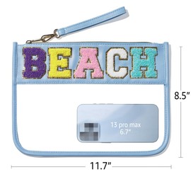 Sohynca Chenille Letter Clear Cosmetic Bag Transparent Toiletry Bag Waterproof Makeup Bag Preppy Travel Zipper Pouch (Blue Beach)