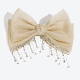 2 colors Korean version small fragrant style high ponytail top clip spring clip hair accessory fashionable temperament tassel rhinestone handmade bow hair clip (apricot)