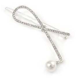 Silver Plated Clear Crystal, Simulated Pearl Bead Open Bow Hair Slide/Grip - 70mm Across