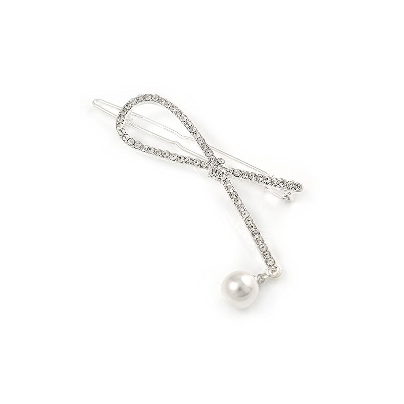 Silver Plated Clear Crystal, Simulated Pearl Bead Open Bow Hair