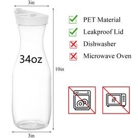 Lawei 8 Pack 34 Oz Plastic Water Carafe, 1 Liter Clear Beverage Carafe with Flip Top Lid, Narrow Neck Drink Container Pitcher for Juice, Water, Ice Tea, Milk, Lemonade and Mimosa Bar