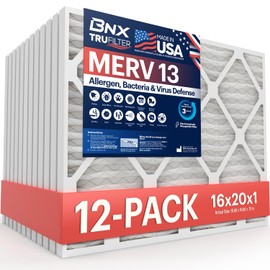 BNX TruFilter 16x20x1 MERV 13 (12-Pack) AC Furnace Air Filter - MADE IN USA - Electrostatic Pleated Air Conditioner HVAC AC Furnace Filters - Removes Pollen, Mold, Bacteria, Smoke