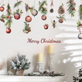 Christmas Wall Decals Winter Christmas Pine Cones Colorful Balls Wall Stickers Removable Xmas Vinyl Waterproof Wall Decorations Christmas Window Clings Stickers for Kid Room Bedroom Home Party Decor