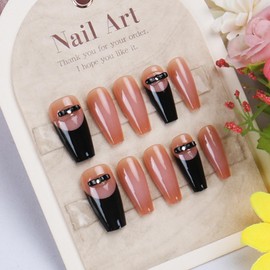 POKENGDA Coffin Press on Nails Black,Long Fake Nails Design,Reusable Acrylic French False Nail Kits for Women