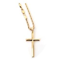 14ct Rope Gold Chain Cross Pendant Necklace for MEN HUSBAND thin 14k Diamond cut w/real strong Solid Clasp Religious Beveled Edge. (20)
