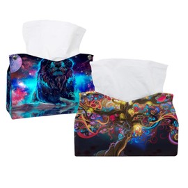2 Pack Tissue Box Cover Holder, Colorful Life Colorful Tree Rectangle Leather Tissue Case, Decorative Organizer for Tabletop, Bathroom, Car, Office