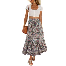 Women Casual Boho Long Skirt Vintage Floral Print Bohemian Style Half Dress Elastic Waist Flowy Swing Midi Skirt Summer Spring (Creamy White, S)
