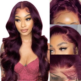 HENGROSE Burgundy Body Wave Lace Front Wigs Human Hair Pre Plucked with Baby Hair 180% Density 13x4 HD Transparent Glueless Lace Frontal Human Hair Wigs for Women Natural Hairline (24inch)