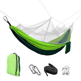 Portable Double Person Travel Camping Hammock Sleep Swing Bed with Mosquito net & Hammock Tree Straps, Parachute Nylon Hammock for Backpacking Travel (Light Green&Deep Green)